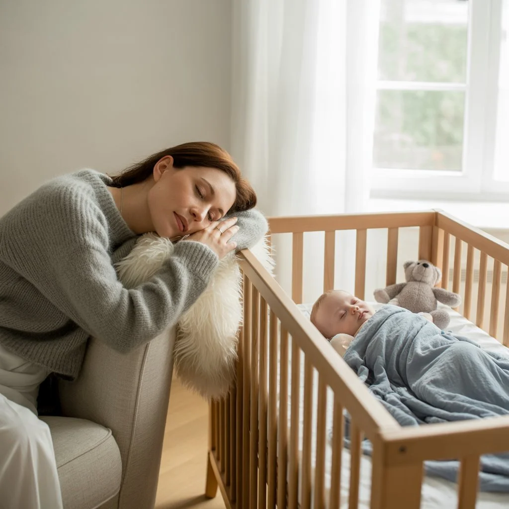 Madre joven descansando en el sofá mientras su bebé duerme cerca, ilustrando la importancia del descanso como parte del autocuidado para madres.

