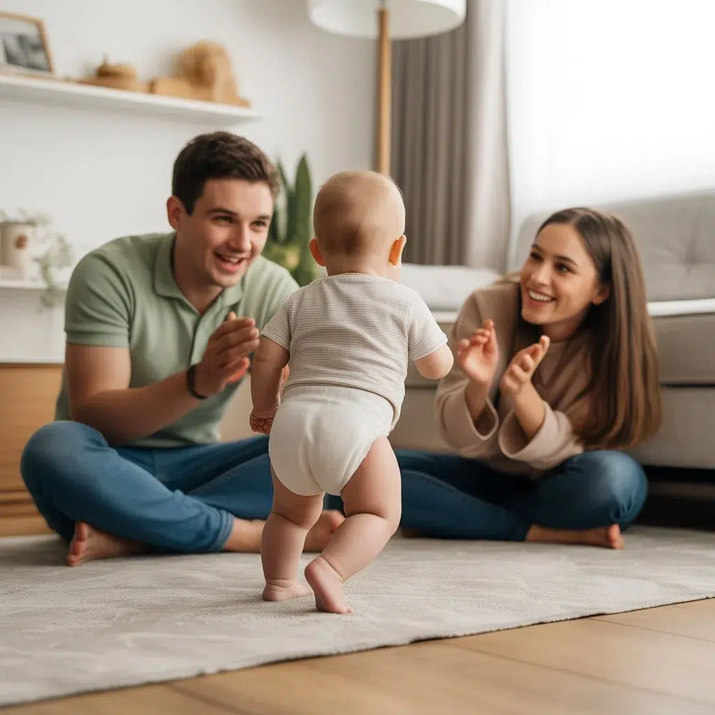 Padres primerizos tumbados en el suelo animando a su bebé a gatear hacia ellos con sonrisas, en un ambiente familiar acogedor.

