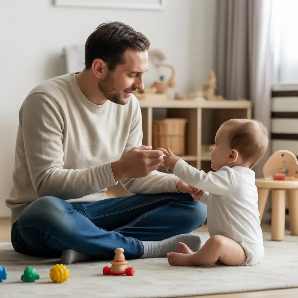 Papá acompañando a su bebé con juegos tranquilos durante una etapa de salto mental.

