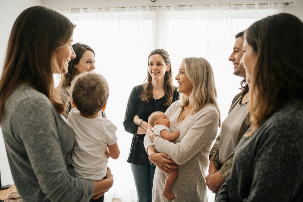 Grupo de madres primerizas compartiendo experiencias en un círculo de apoyo, representando redes de apoyo en la maternidad.
