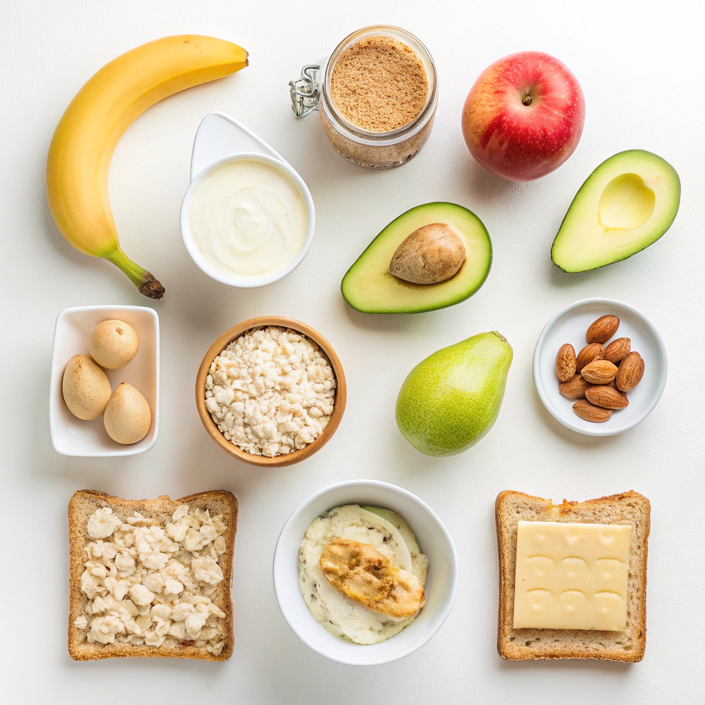 Diez meriendas fáciles y rápidas para niños antes de dormir: plátano, yogur, avena, huevo duro, batido de pera, tostada de aguacate, manzana cocida, compota, galletas de arroz con crema de almendras y queso fresco.