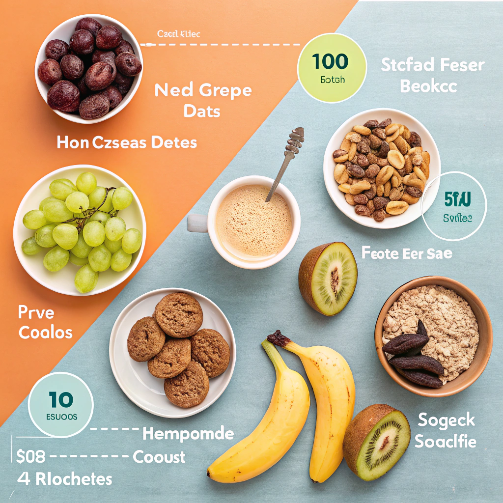 Ilustración de 10 snacks dulces y saludables para la noche avena, uvas, dátiles galletas de plátano