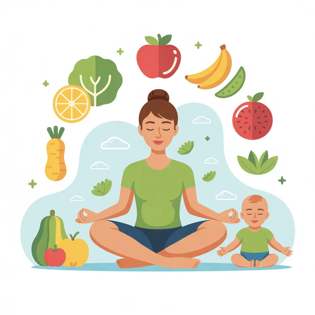Ilustración vectorial de un padre relajado meditando junto a su bebé rodeado de frutas y verduras reflejando cómo la alimentación consciente aporta energía y equilibrio emocional
