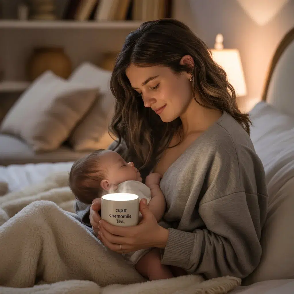 Madre primeriza practicando hábitos nocturnos para dormir mejor con una bebida relajante antes de acostarse.