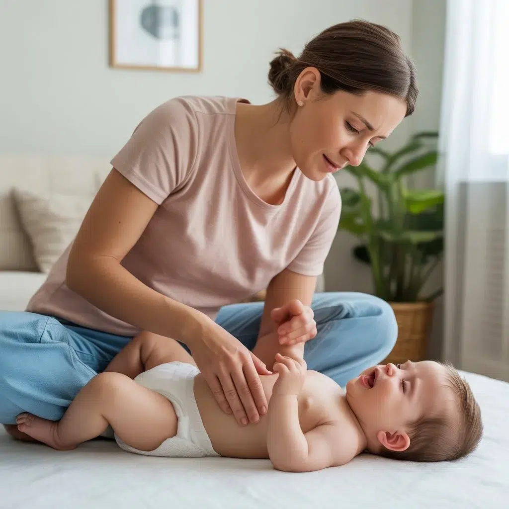 “Madre realizando un masaje abdominal suave a su bebé llorando, transmitiendo calma y cuidado en un entorno relajante.