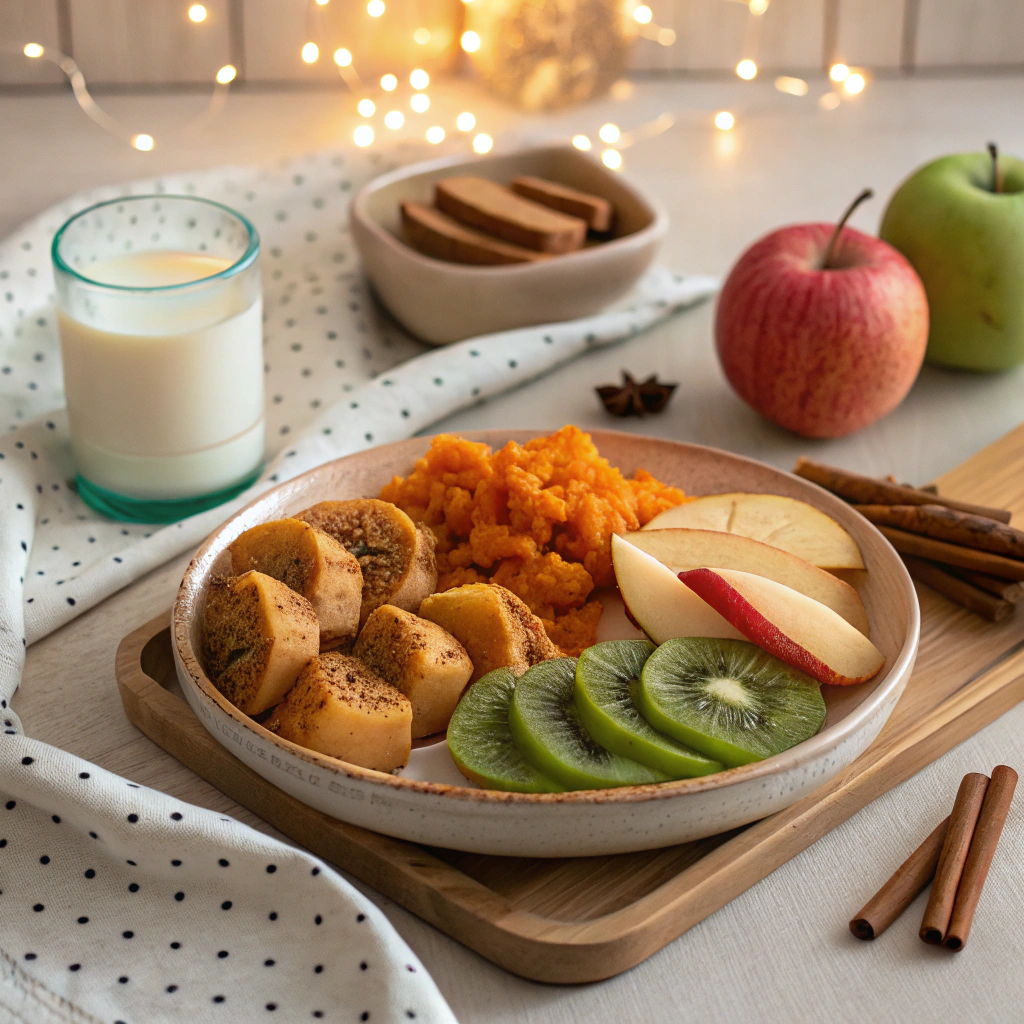 Niño pequeño en pijama comiendo un snack dulce y saludable antes de dormir, yogur con plátano, con luces tenues y ambiente relajante de noche