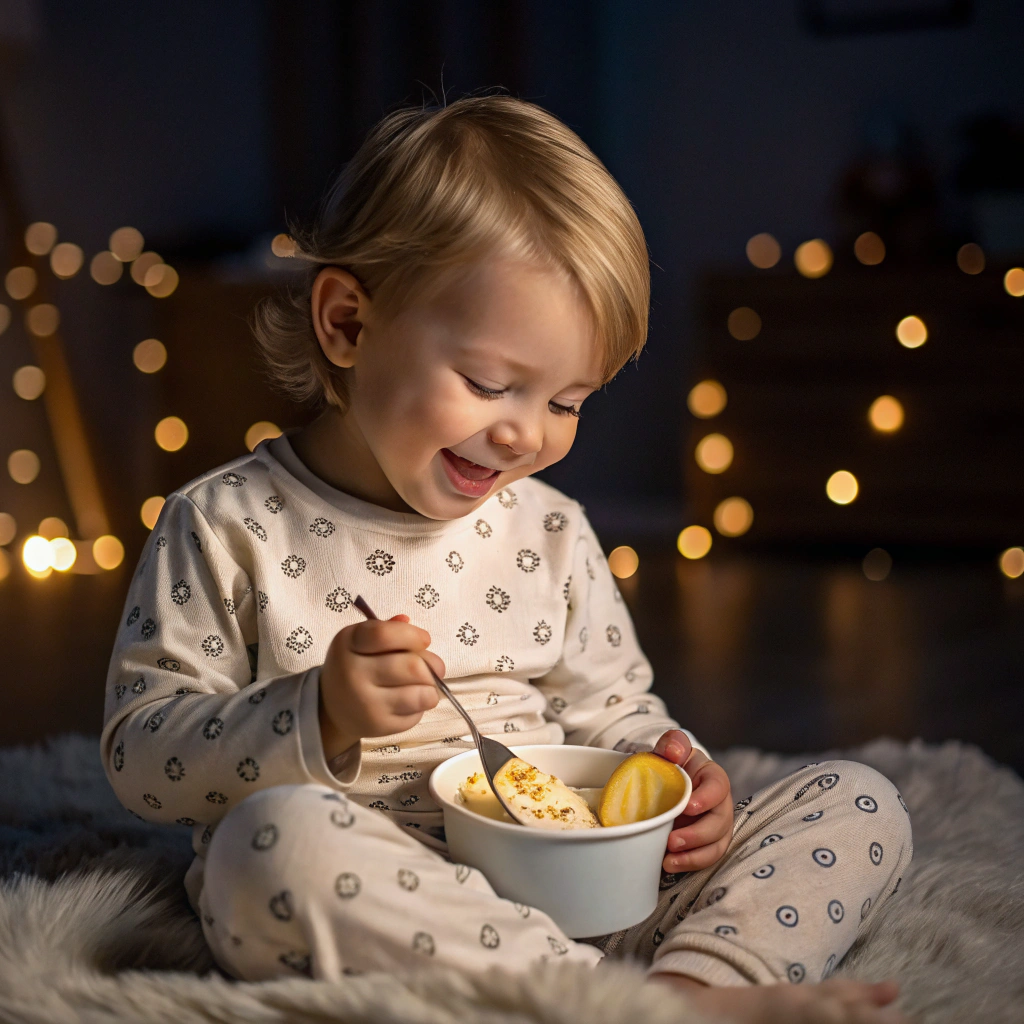 Niño pequeño en pijama comiendo un snack dulce y saludable antes de dormir, yogur con plátano, con luces tenues y ambiente relajante de noche.