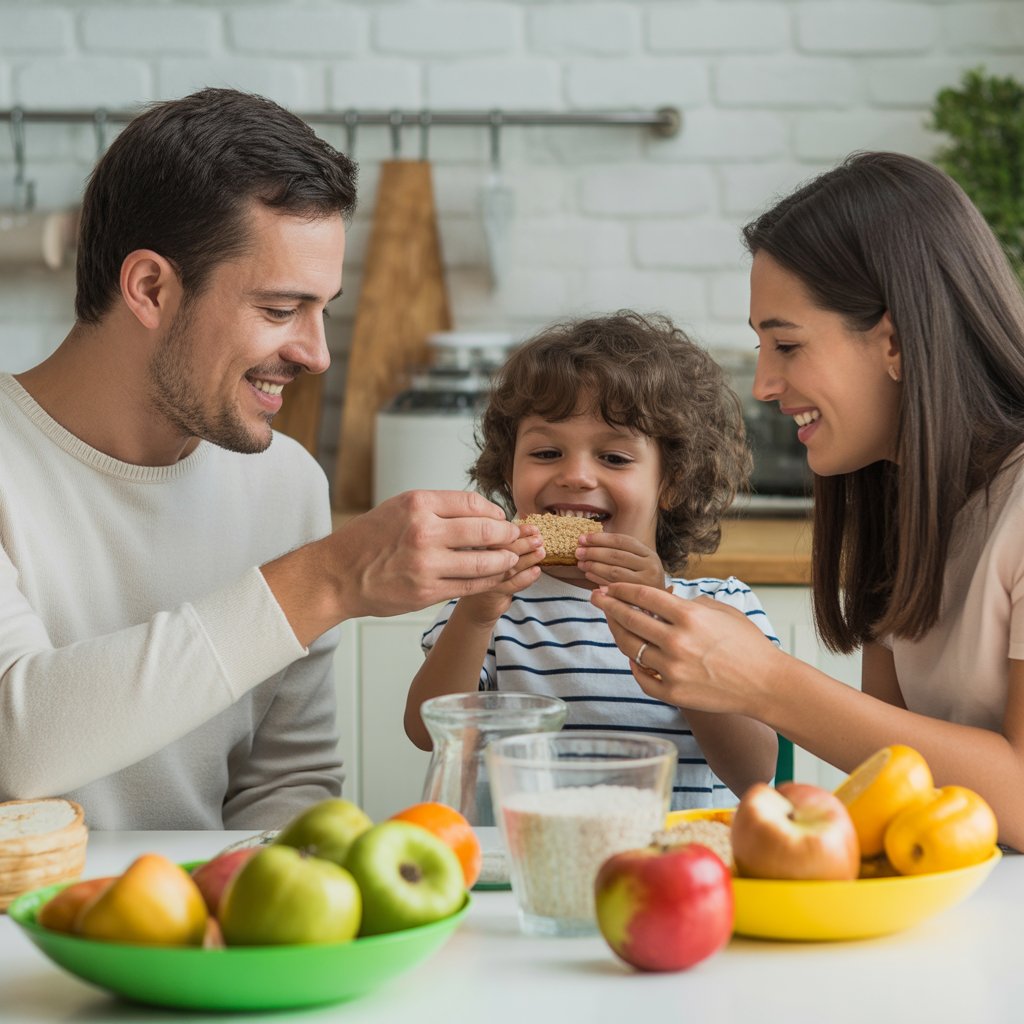 Padres y niño compartiendo un snack saludable en una mesa de cocina acogedora, promoviendo rutina nocturna y alimentación saludable para niños.