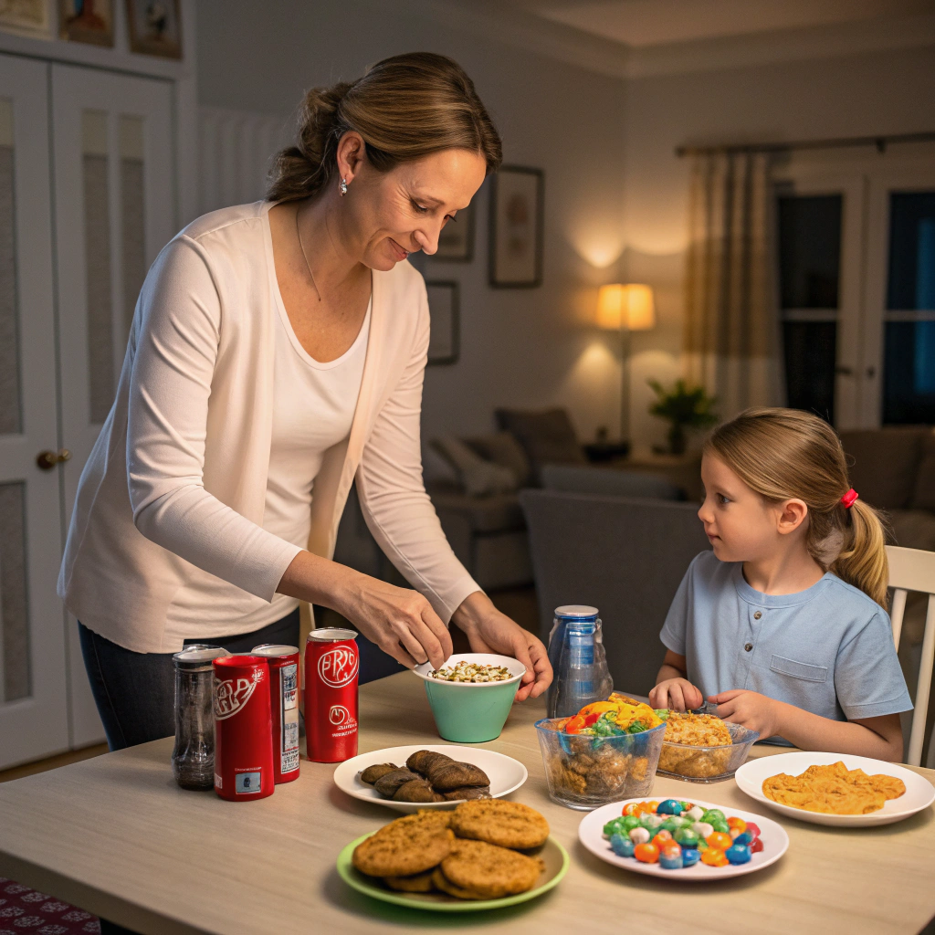 Madre retirando dulces y refrescos de la mesa, recordatorio práctico de qué no dar de cenar a tu hijo para que duerma tranquilo.