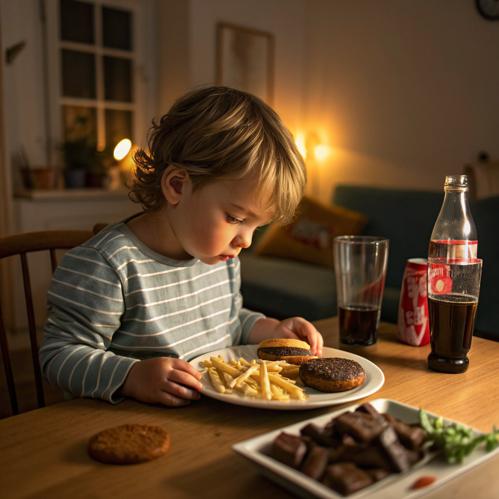 Niño pequeño frente a la cena con patatas fritas y refresco, ejemplo de qué no dar de cenar a tu hijo antes de dormir.