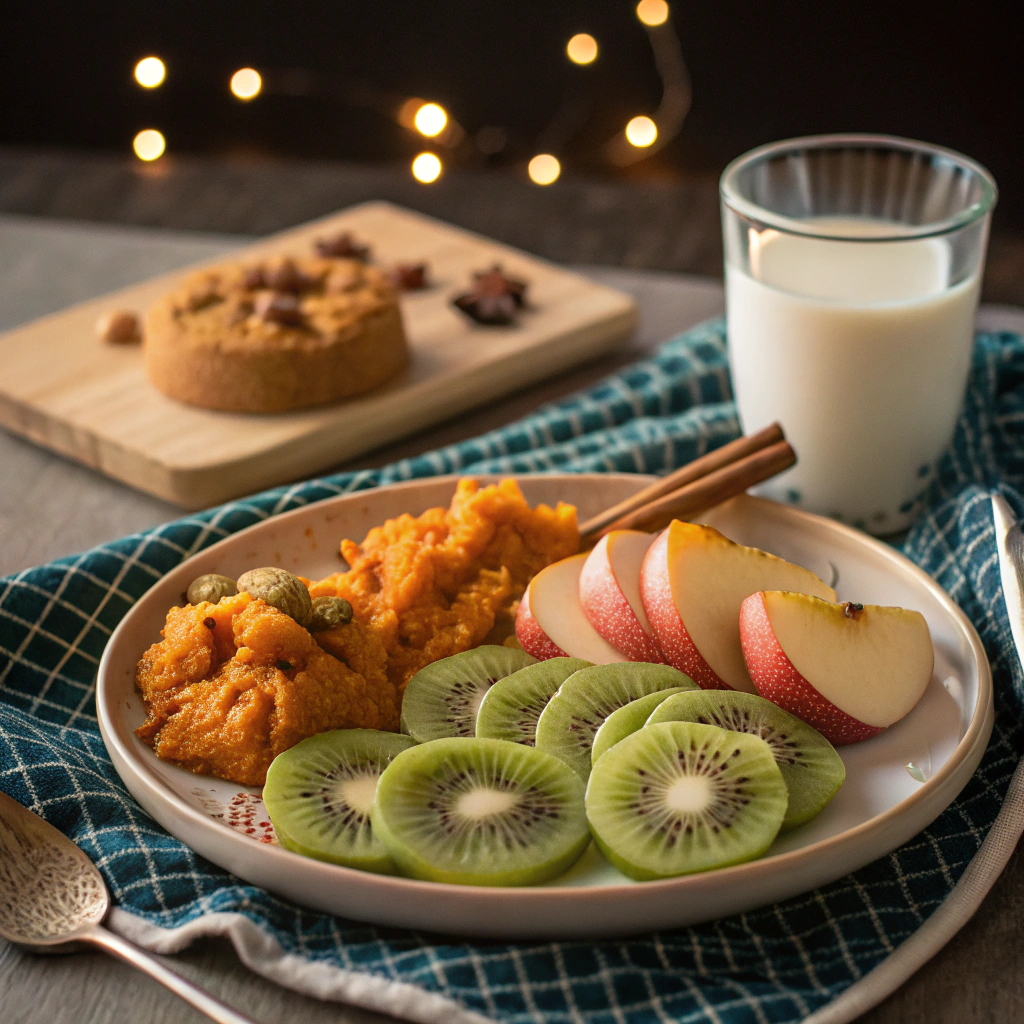 Plato con snacks dulces y saludables para niños: kiwi, puré de boniato, manzana al horno y leche tibia, en un ambiente nocturno cálido y acogedor