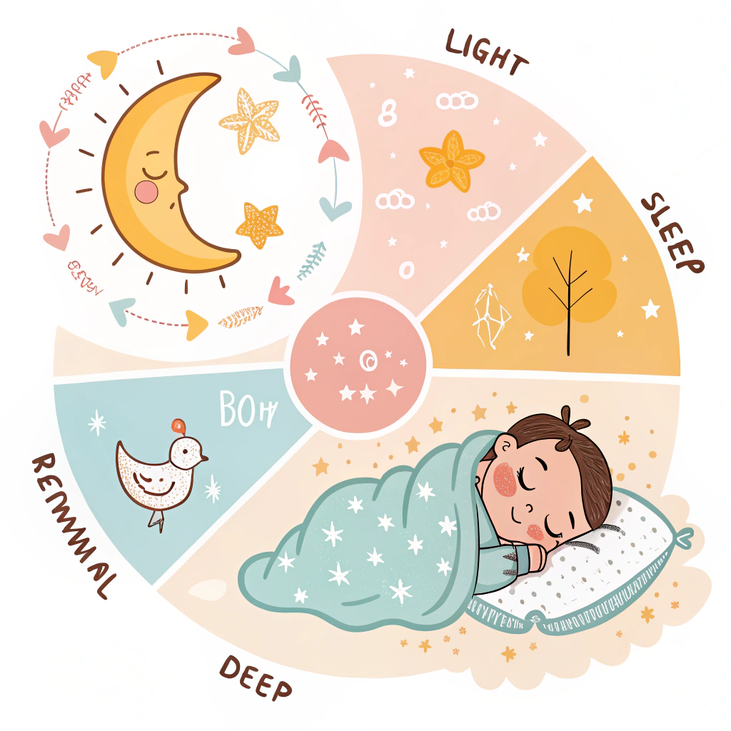Ilustración educativa que muestra el ciclo de sueño ligero y sueño profundo en bebés, con diseño cálido y colores suaves para padres primerizos.