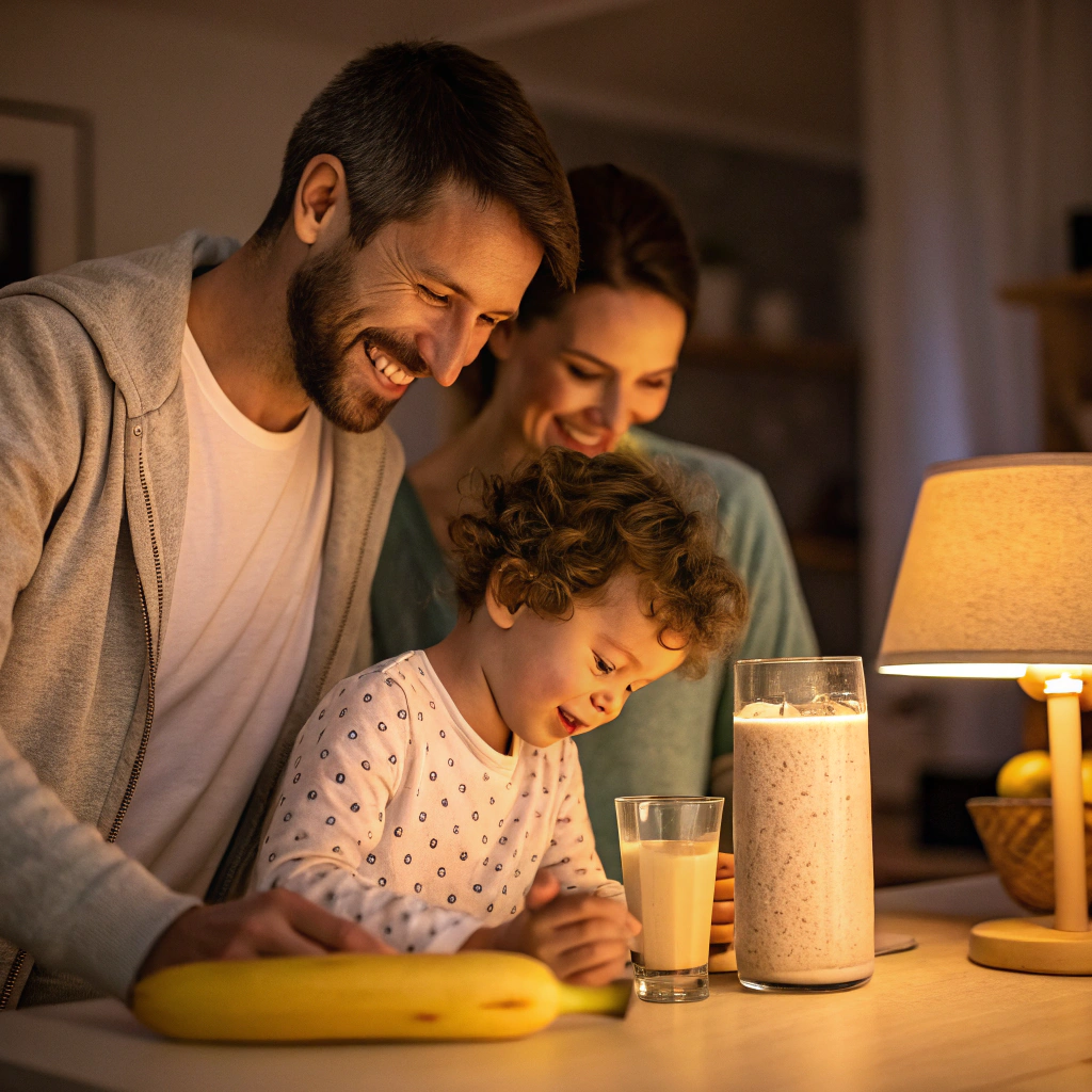 Padres preparando batidos nocturnos para niños en una cocina acogedora, con luz cálida y un vaso de batido de plátano y avena, mostrando una rutina relajante antes de dormir.